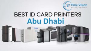 A professional stack of freshly printed PVC cards with a company logo and employee photo, showcasing high-quality printing for ID badges in Abu Dhabi