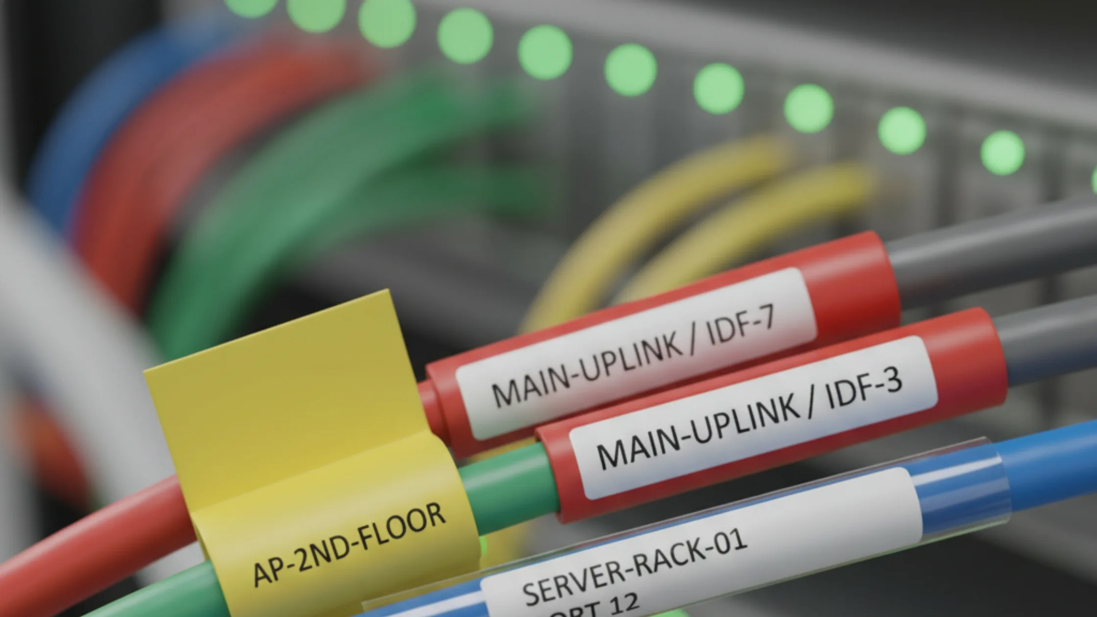 Neatly Managed Structured Cabling with Labeled and Color-Coded Ethernet Cables in Server Rack